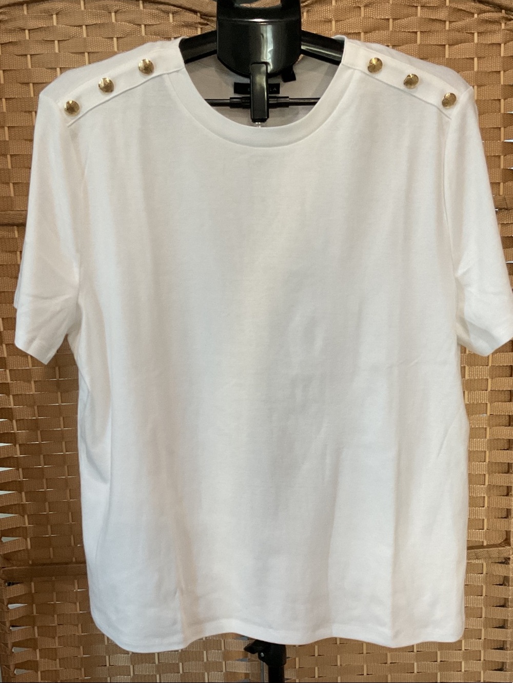 Rafaella White Short-Sleeve Tee with Gold Shoulder Buttons